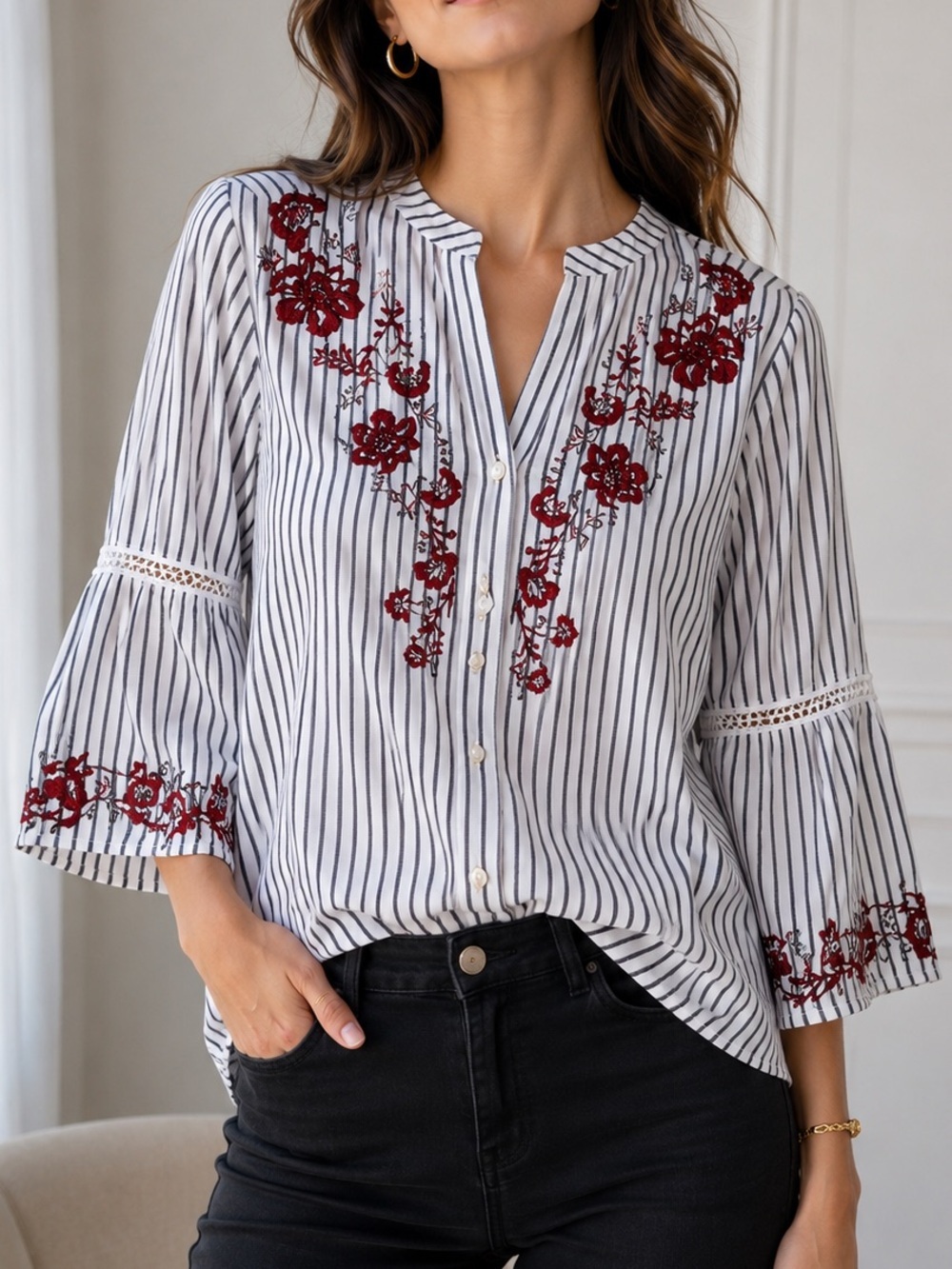 Style & Co. Striped Button-Down Top with Red Floral Embroidery